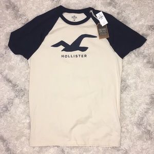 Cream baseball tee with blue sleeves